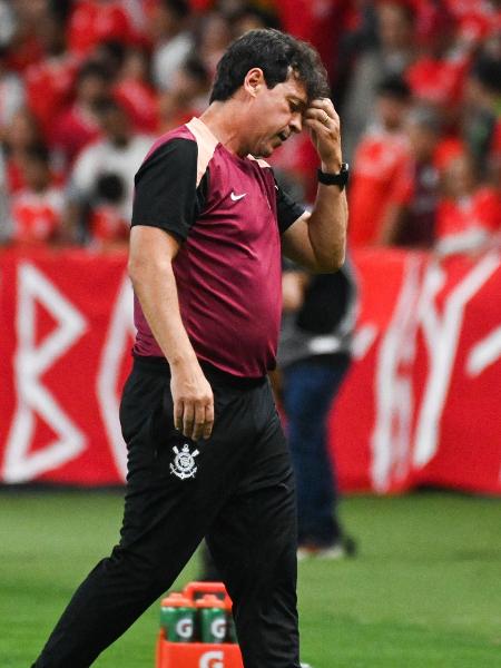 Fernando Diniz, ex-técnico do Corinthians, observando partida na beira do gramado.