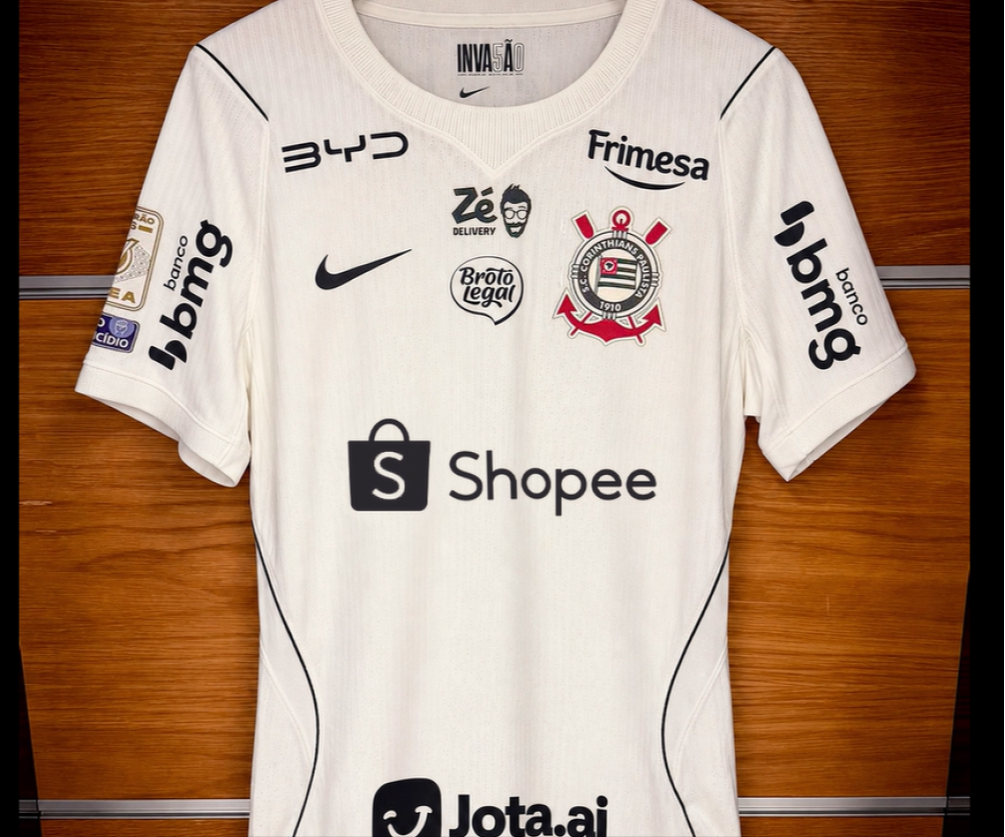 Camisa do Corinthians com a marca da Shopee em destaque no espaço master.