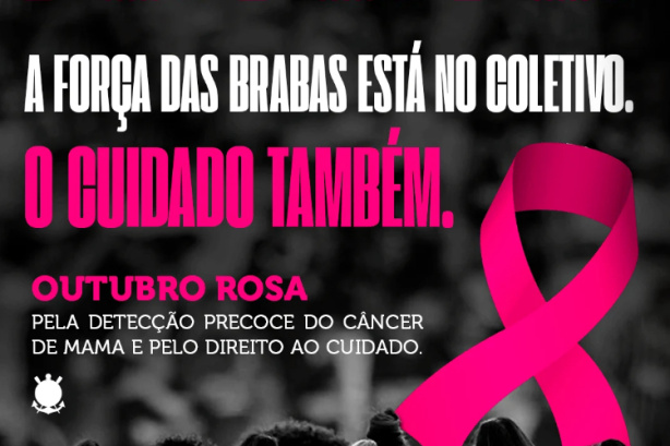 Escudo do Corinthians acompanhado pelo laço rosa, símbolo da conscientização contra o câncer de mama.