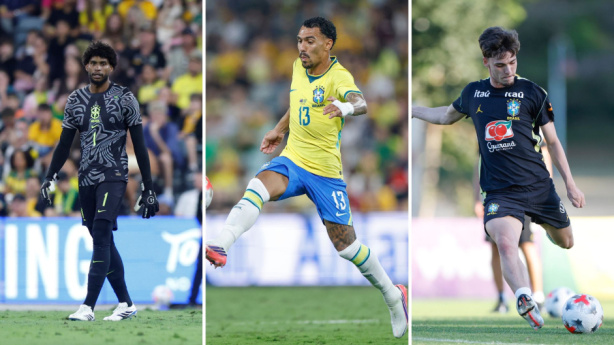 Hugo Souza, Matheuzinho e Breno Bidon em treinamento da Seleção Brasileira.